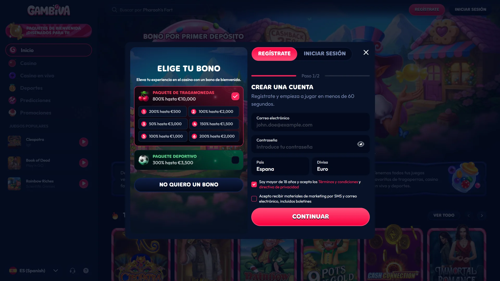 Completa tu registro en Gambiva para comenzar a usar los bonos disponibles.