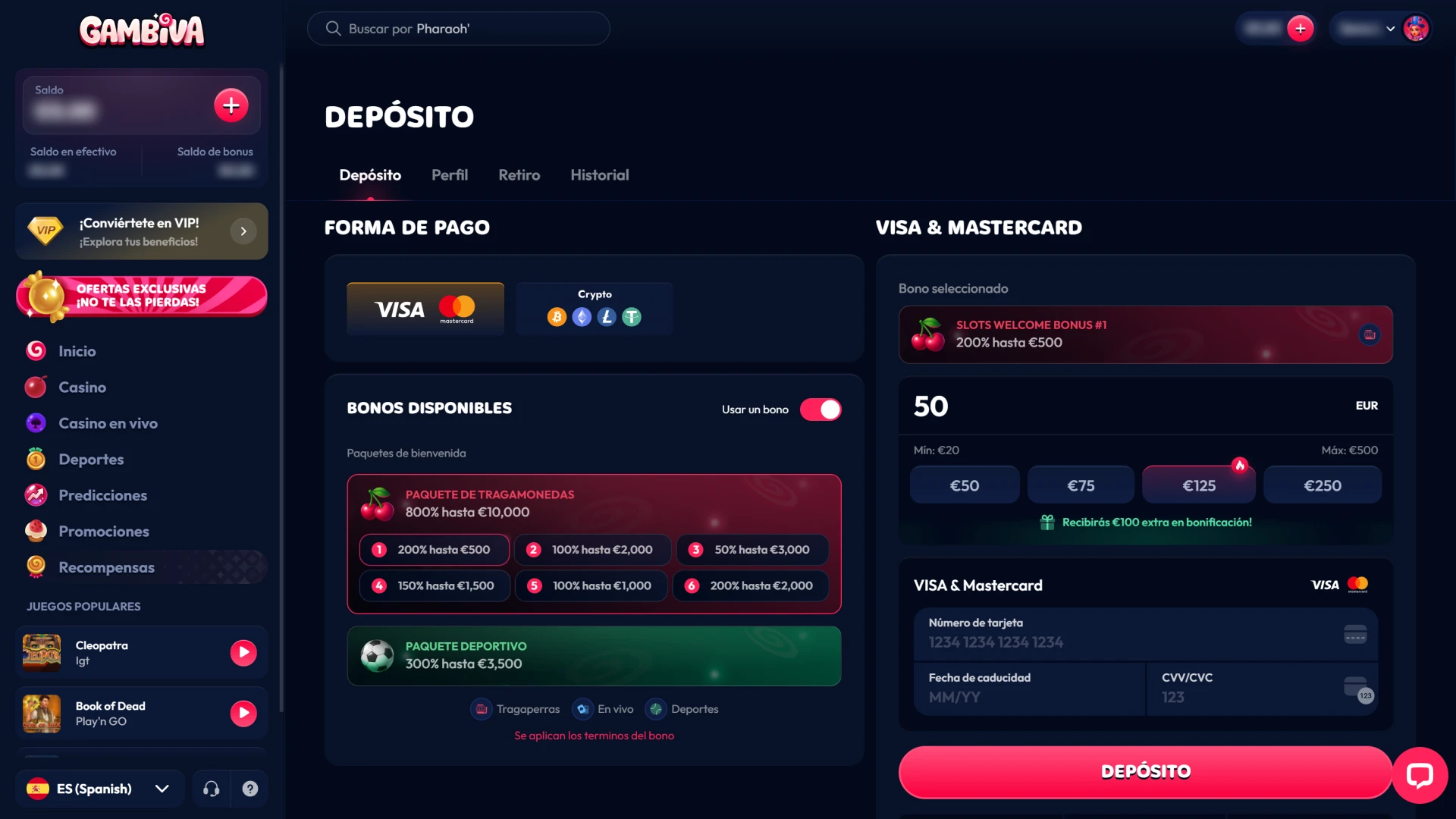 Realiza tu primer depósito en Gambiva para activar tus apuestas en España.